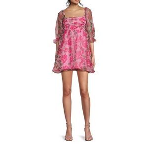 Pink and Floral Print 3/4 Sleeve Organza Mini Dress